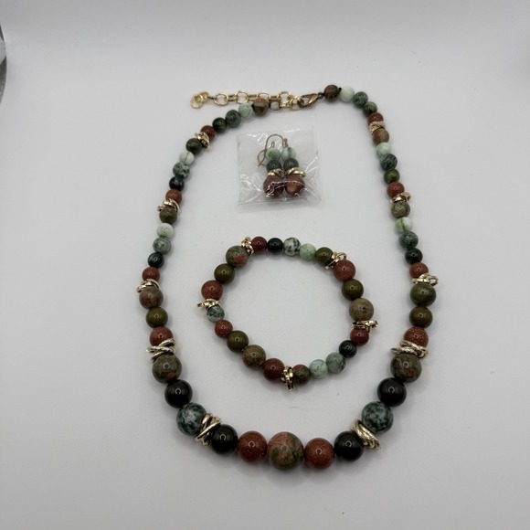 The Unbranded Brand Jewelry - Necklace, Bracelet, Earring Jewelry Set of 3 Beads Green Brown Gold NEW Pierced
